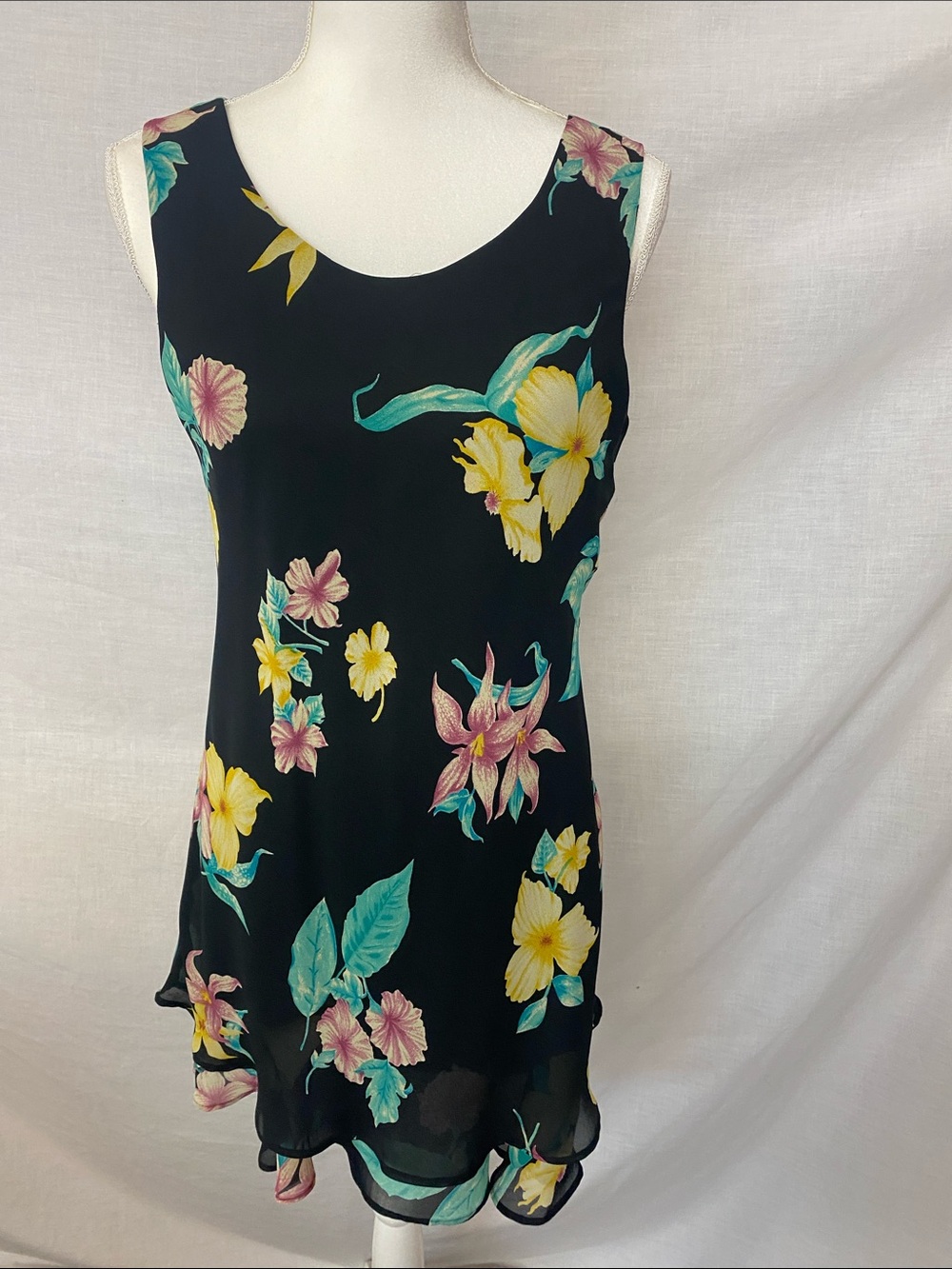 DJI Black Dress with Teal and Yellow Floral Accent
